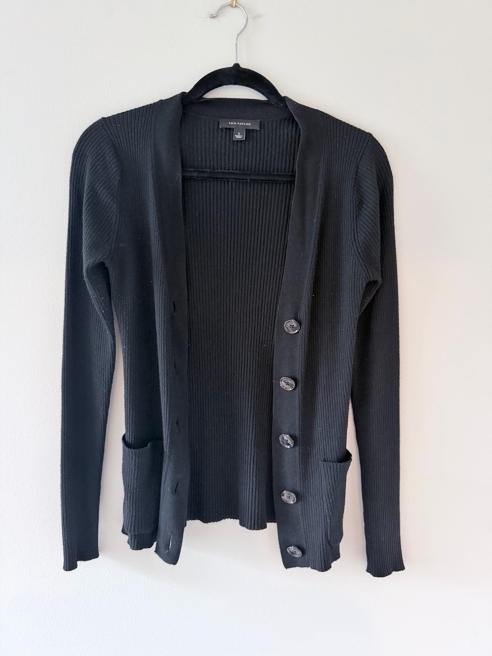 Ann Taylor Black Ribbed Button-Down Cardigan with Pockets